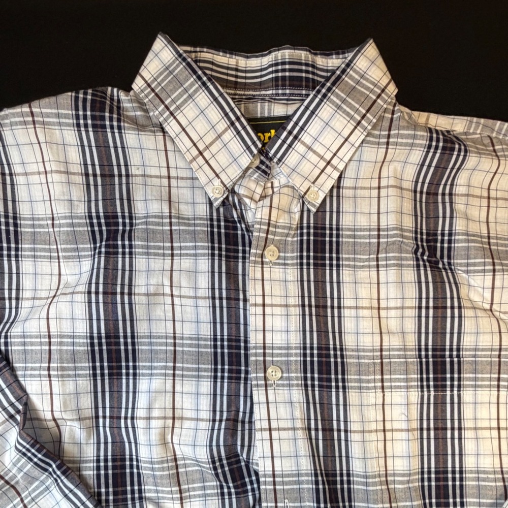 Work n Sport Mens XL Plaid Button Down Shirt Navy‎ White Brown Long Sleeve